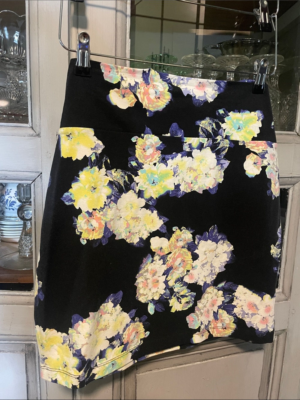 Decree Black Mini Skirt with Yellow, Blue & Cream Floral Print